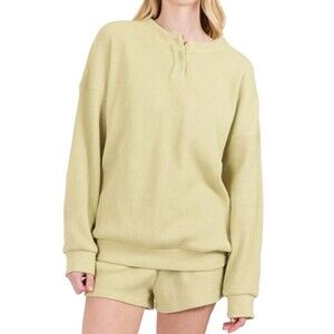 Rusty Women's Izzy Waffle Henley Pullover Top Long Sleeve Size L Pastel Lime